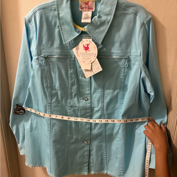 Quacker Factory Womens Jean Jacket Embellishments Jewels Frayed Hem size XL Blue - Picture 2 of 9